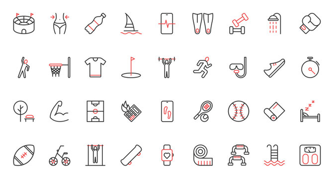 Calculator of calories and fitness exercises for weight control, running and bodybuilding of athlete in gym and stadium, diving. Sports workout trendy red black thin line icons set vector illustration