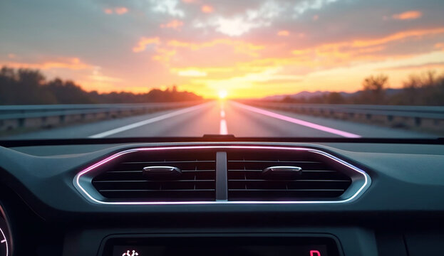 Close up of car air conditioning vents emitting airflow in bright lighting conditions.