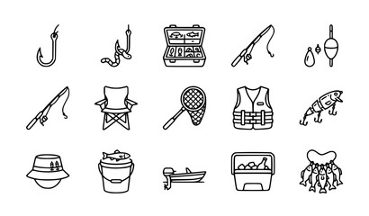 Fishing line icon set with rod hook chair and editable stroke vector collection © Shameem