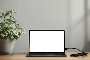 Fototapeta premium Laptop plugged in with blank screen on wooden desk next to potted plant with soft light