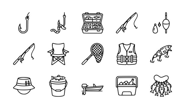 Fishing line icon set with rod hook chair and editable stroke vector collection