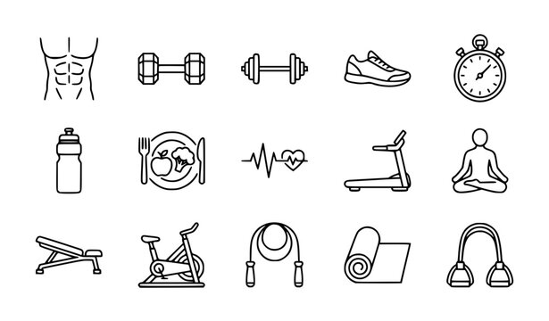 Gym and fitness line icon set with abs dumbbell healthy food and editable stroke vector collection