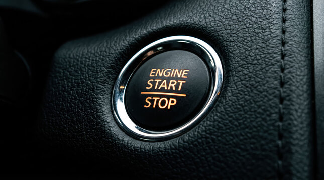 Closeup of a modern car engine start and stop button with illuminated text on a textured black dashboard