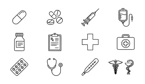 Pharmacy line icon set with capsule injection infusion and editable stroke vector collection