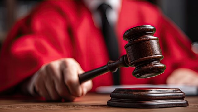 Judge holding gavel above sounding block during court session with shallow depth of field