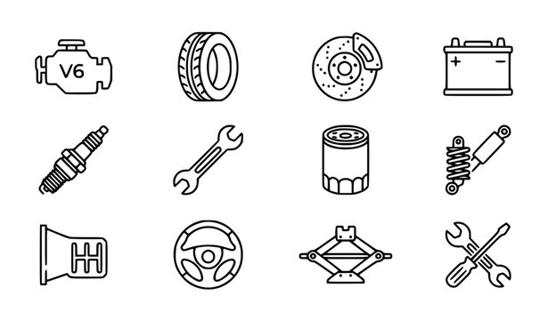 Car repair and spare parts line icon set with engine tire battery and editable stroke vector collection
