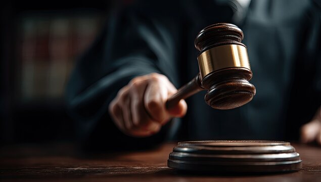Judge's hand holding gavel over sounding block during courtroom proceedings