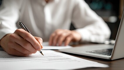 Fototapeta premium Man's hand writing with pen on document with laptop in background during office work