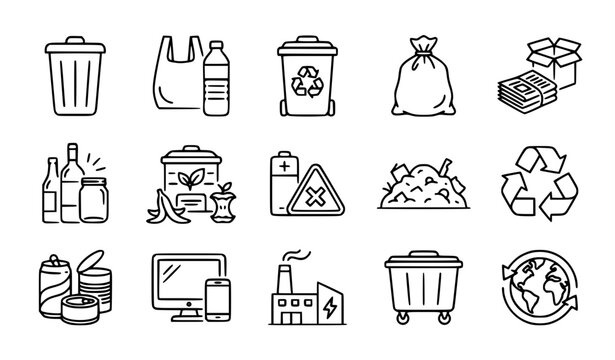 Trash and waste management line icon set with recycle bin garbage and editable stroke vector collection