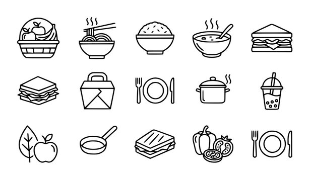 Meal line icon set with fruit basket noodles dining food and editable stroke vector collection