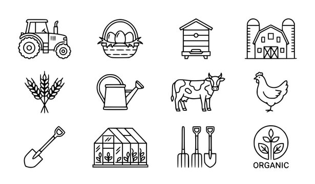 Farming line icon set with tractor eggs beehive and editable stroke vector collection