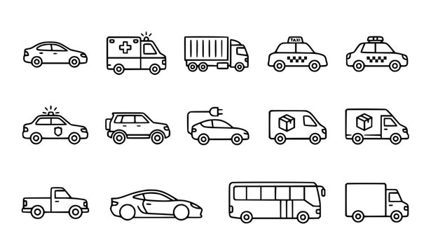Vehicle line icon set with private car ambulance truck taxi and editable stroke vector collection
