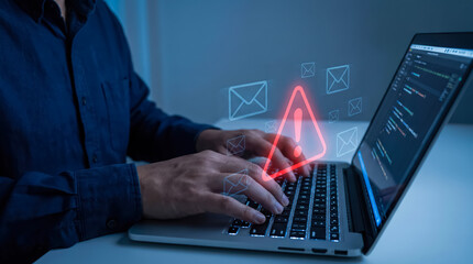 Obraz premium Cybersecurity concept, hacker or programmer working on a laptop with a glowing red warning sign and email icons