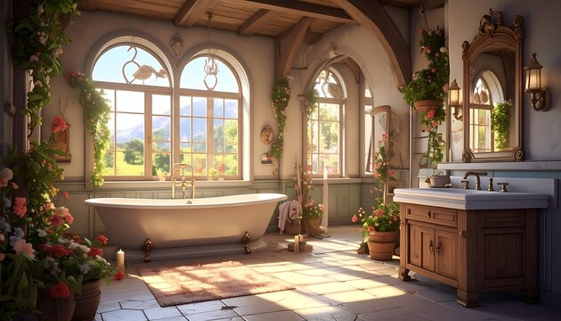 Sunlit bathroom w/tub, flowers, view. Interior features wood beams, arched windows, sink. Outside, a green field and mountains