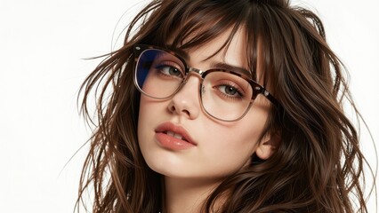 Obraz premium Woman Wearing Stylish Eyeglasses Looking Forward Against White Background