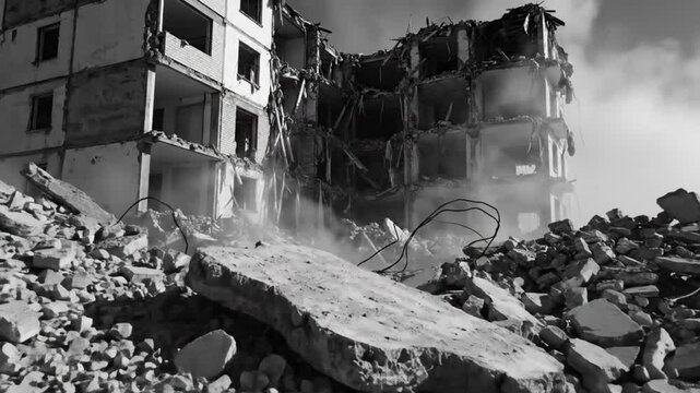 Black and white view of a building's demolition, featuring rubble, dust, and the aftermath of destruction, capturing ruin.