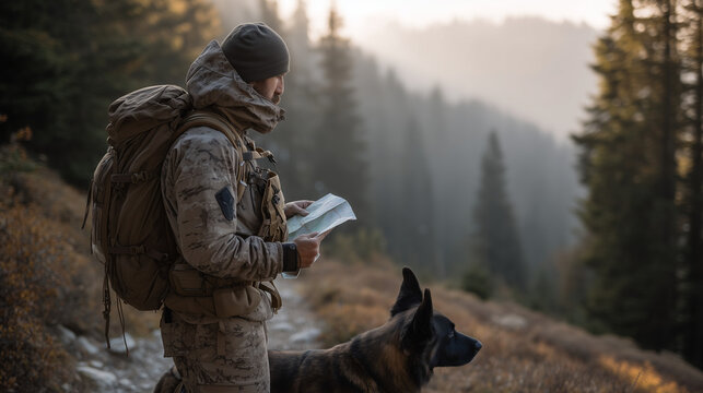 Search and rescue dog handler in full field gear standing at forest trailhead in early morning mist reviewing topographic map with fellow volunteers before deploying trained detection canine into de
