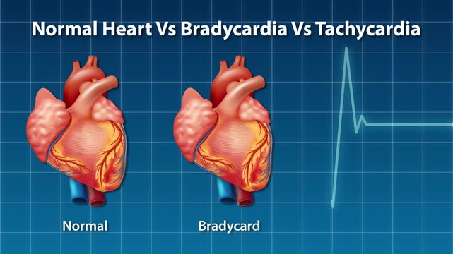 Medical animation showing normal heart rhythm vs bradycardia and tachycardia on ecg monitor.