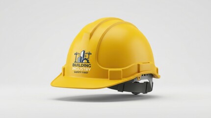 Fototapeta premium Yellow hard hat with building industry logo, professional construction safety helmet, industrial protective headwear for site workers isolated on White Background