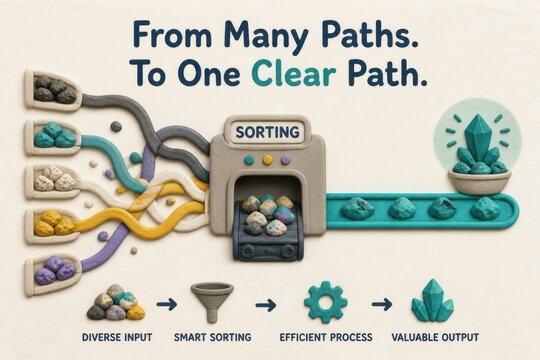 Business process sorting infographic with diverse input streamlined workflow and valuable output concept