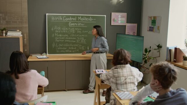 Full shot of Hispanic female teacher talking about birth control methods to high school students, discussing effectiveness to increase pregnancy awareness and promote responsibility among youth