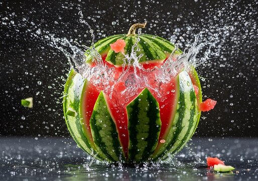Watermelon exploding with juice splashing everywhere on dark surface