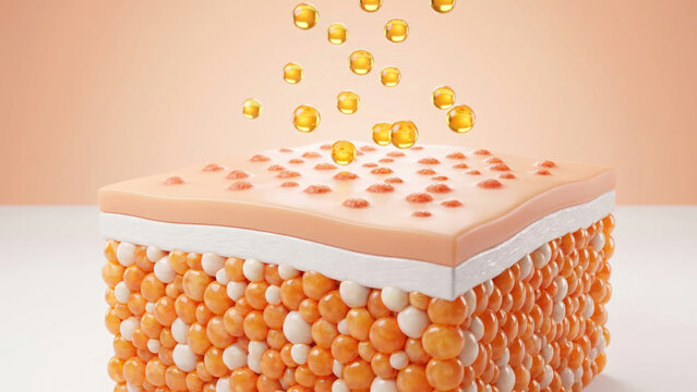 Scientific 3D rendering of skin layers absorbing golden serum drops for rejuvenation.