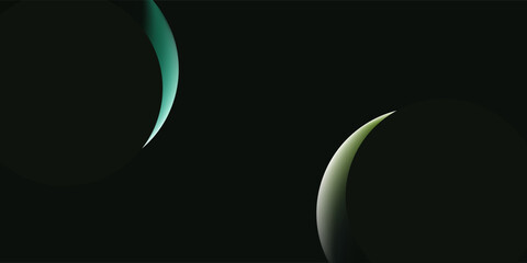 Two planets are partially illuminated with a crescent of light against the vast darkness of space, one glowing yellow-green and the other teal. © Armani