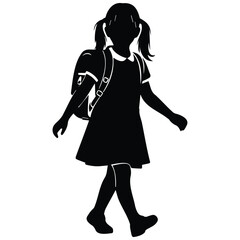 Black silhouette of girl with backpack walking, school student, simple vector illustration.