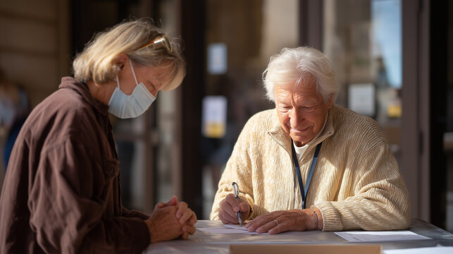 Election day volunteer seated inside polling place entrance table carefully checking voter registration list against state issued identification while patient resident leans forward with hands clasp
