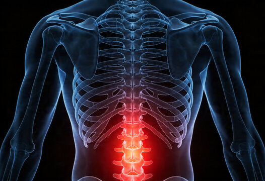 Digital illustration of human anatomy showing lower back pain inflammation and ache in adult person's spine.