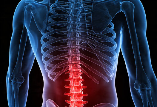 Digital illustration of human anatomy showing lower back pain inflammation and ache in adult person's spine.