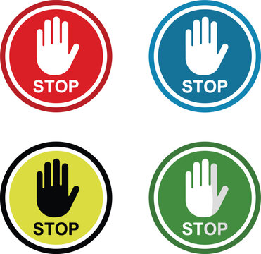Illustrazione vettoriale di cartello rotondo STOP con mano alzata, simbolo di arresto e divieto di accesso. Ideale per segnaletica stradale, sicurezza, controllo e comunicazione visiva.