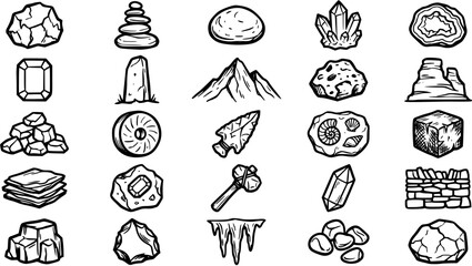 Geology and Earth Science Icons: Black and White Line Art Vector Set of Rocks, Minerals, Crystals, Fossils, and Stone Elements © pixsource