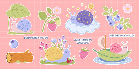 Cute cartoon snail sticker set with forest berries, flowers and quotes. Collection of happy garden characters on leaf boat and cloud isolated on pink grid background © Tetianka