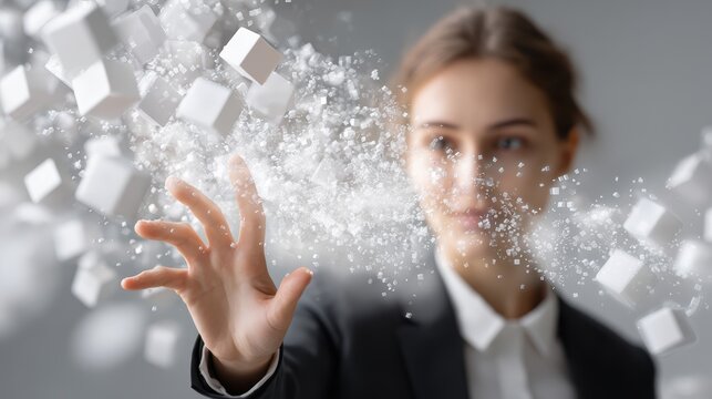 Digital Realm Interaction: A professional woman interacts with a cloud of abstract digital cubes, her gesture implying control and connection to the digital sphere.