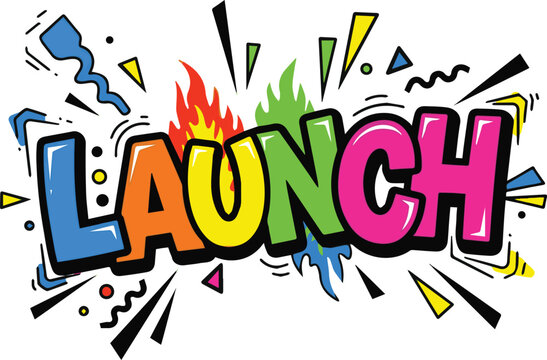 Modern Memphis Style LAUNCH Text Design with Vibrant Geometric Graphics