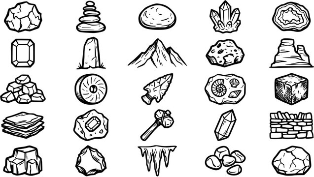 Geology and Earth Science Icons: Black and White Line Art Vector Set of Rocks, Minerals, Crystals, Fossils, and Stone Elements