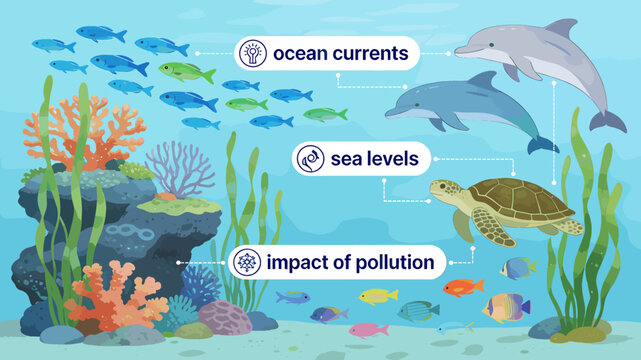Underwater ecosystem with coral reefs, fish, dolphins, and a sea turtle, highlighting environmental concerns like ocean currents, sea levels, and pollution.