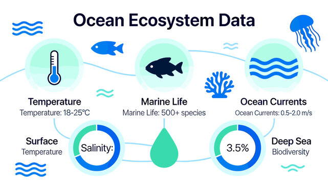 Infographic illustrating key data points of the ocean ecosystem, including temperature, marine life species, ocean currents, salinity, and deep-sea biodiversity.
