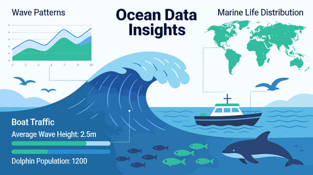 An infographic illustrating ocean data insights with wave patterns, marine life distribution, boat traffic, and marine animals like dolphins and fish.
