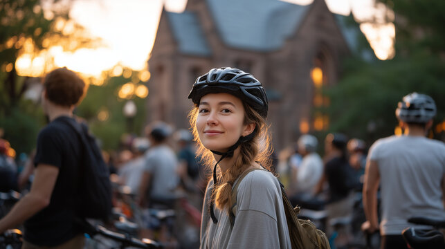 Multicultural group of urban cyclists gathered at summer solstice community ride starting point, route maps attached to handlebars, golden evening light catching helmet surfaces against rain-wet bri