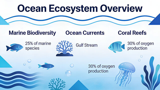 An infographic overview of the ocean ecosystem, highlighting marine biodiversity, ocean currents like the Gulf Stream, and the vital role of coral reefs in oxygen production.