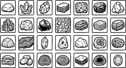 Black and White Line Art Icons of Various Rocks, Minerals, and Fossils in Grid Format © pixsource