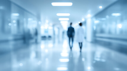 Fototapeta premium Blurred scene of a hospital corridor with healthcare professionals walking, showcasing a modern medical environment.