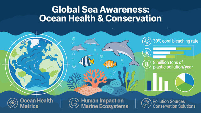 An infographic illustrating global sea awareness, ocean health, and conservation, featuring marine life, a world map, and statistics on coral bleaching and plastic pollution.