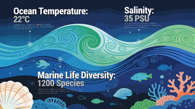 Infographic illustrating ocean conditions and marine life diversity with temperature, salinity, and species count.