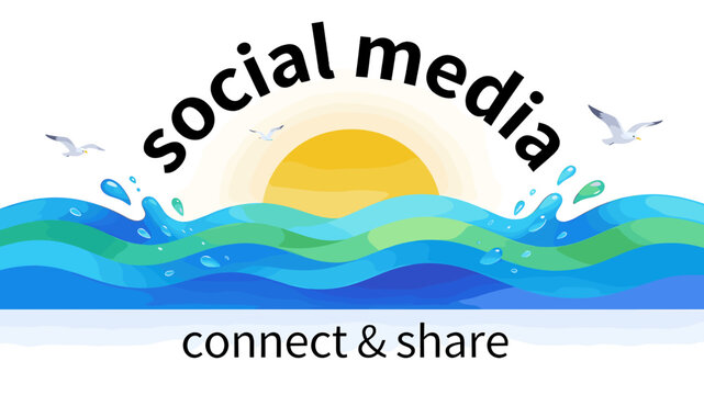 A vibrant illustration depicting social media with a rising sun, blue waves, and seagulls, emphasizing connection and sharing.