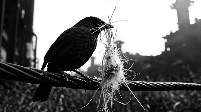 Black and white video of a bird perching on a wire holding nesting material with blurred background