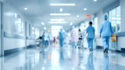Fototapeta premium Blurred view of a busy hospital corridor filled with healthcare professionals and patients on the move.